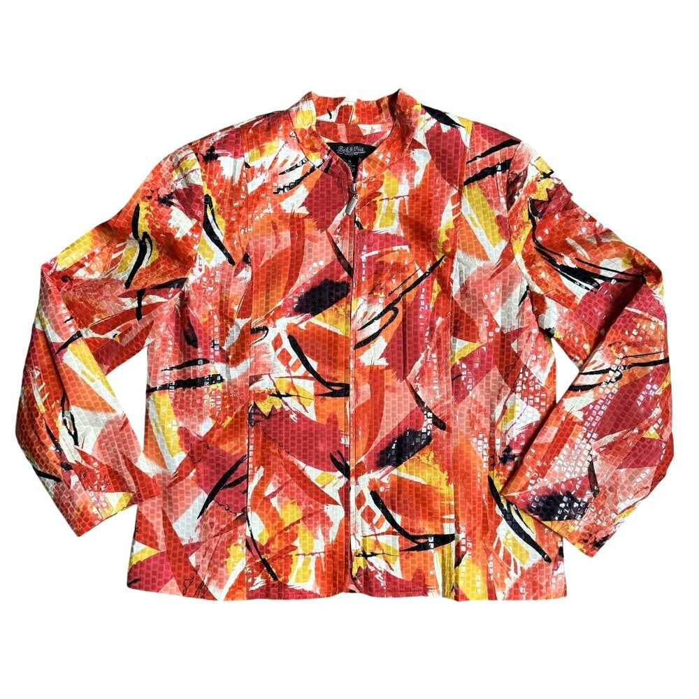 Peck Peck Jacket Womens XL Colorful Abstract‎ Zip Wearable Art Shiney Vintage